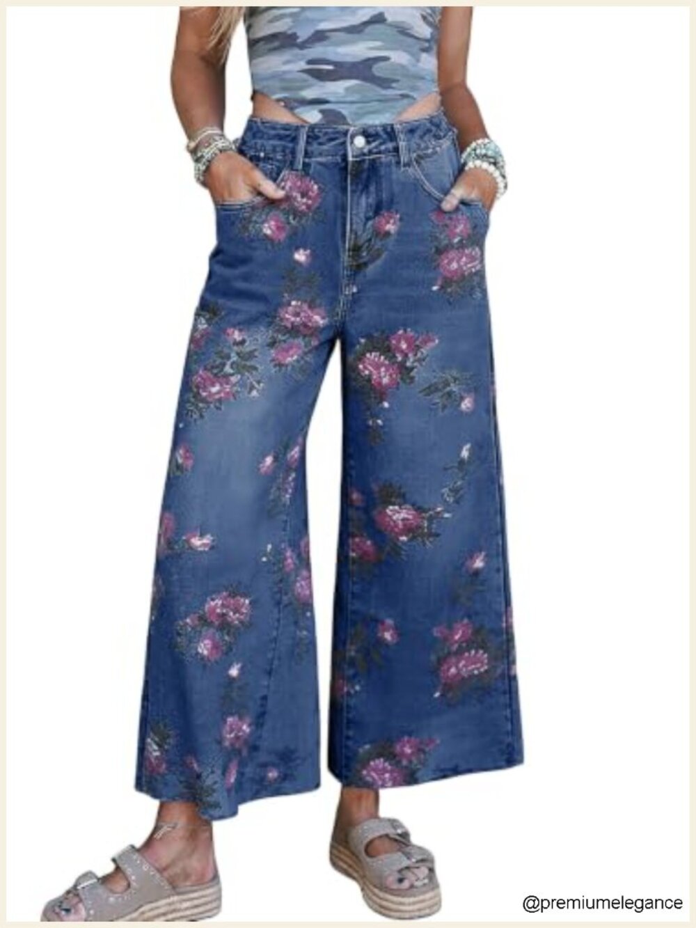Wide Leg Floral Pattern Stretchy Denim Jeans Mid Rise Cropped Y2K